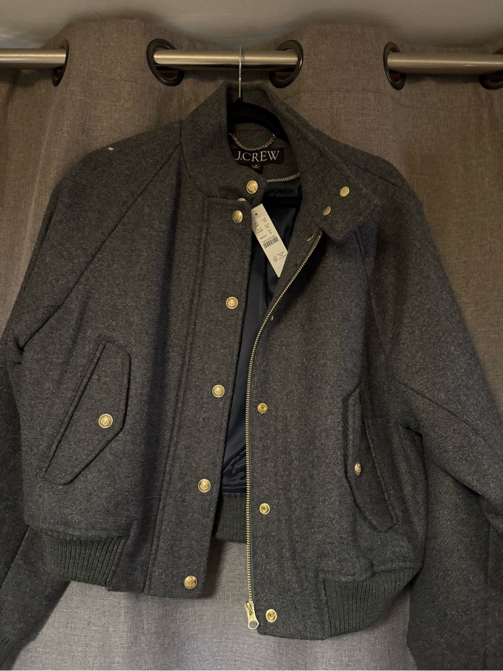 J. Crew Dark Gray Wool-Blend Bomber Jacket with Gold Hardware